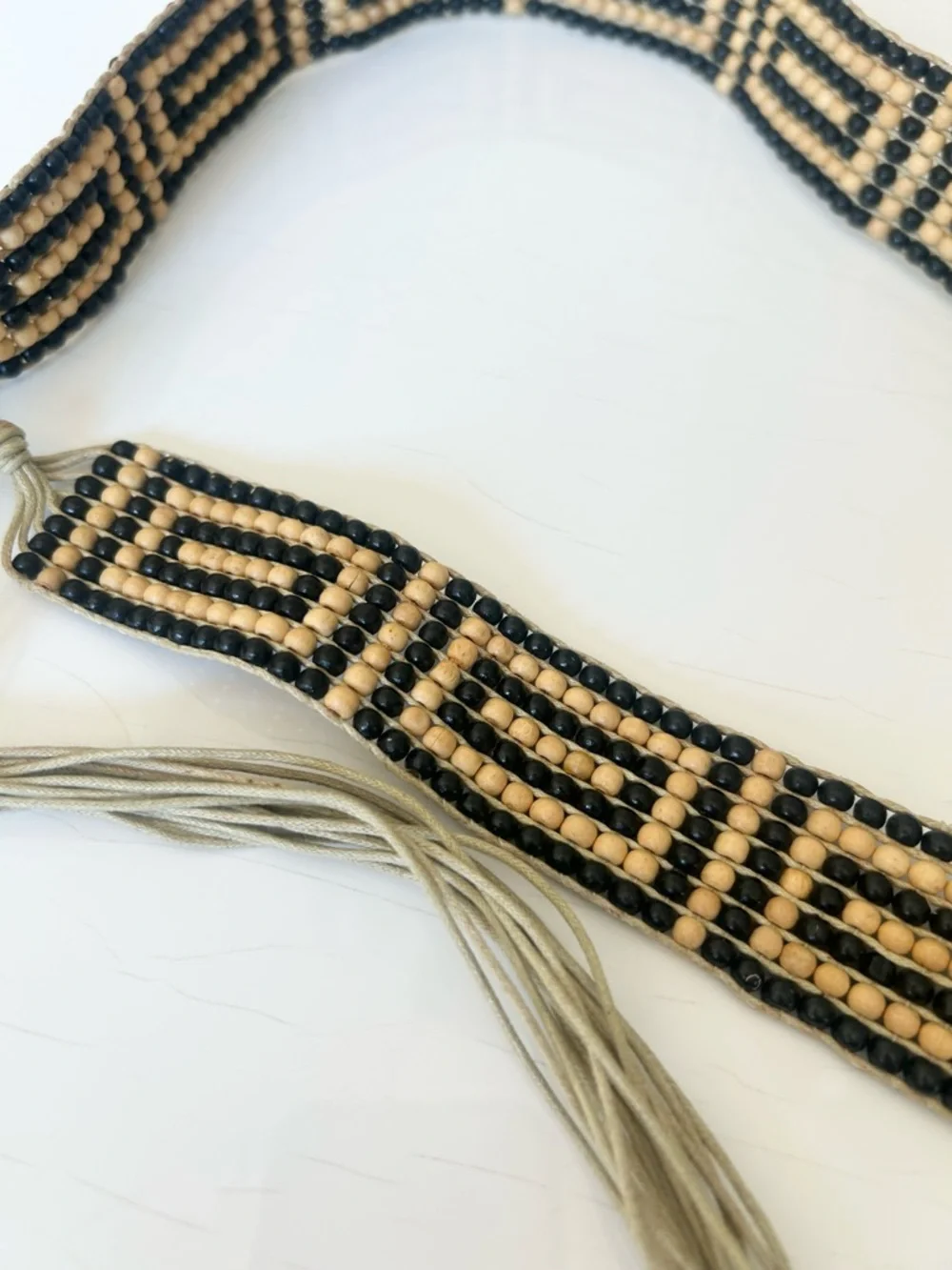 Vintage Boho Black and Beige Beaded Tassel Tie Belt Festivals Coachella